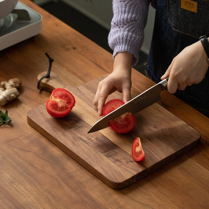 Muso Wood Small Cutting Board with Handle, Walnut Wooden Chopping Boards for Bread, Vegetables & Fruits, Dinner Cheese Board with Hole(15.2x7.3 Inches)