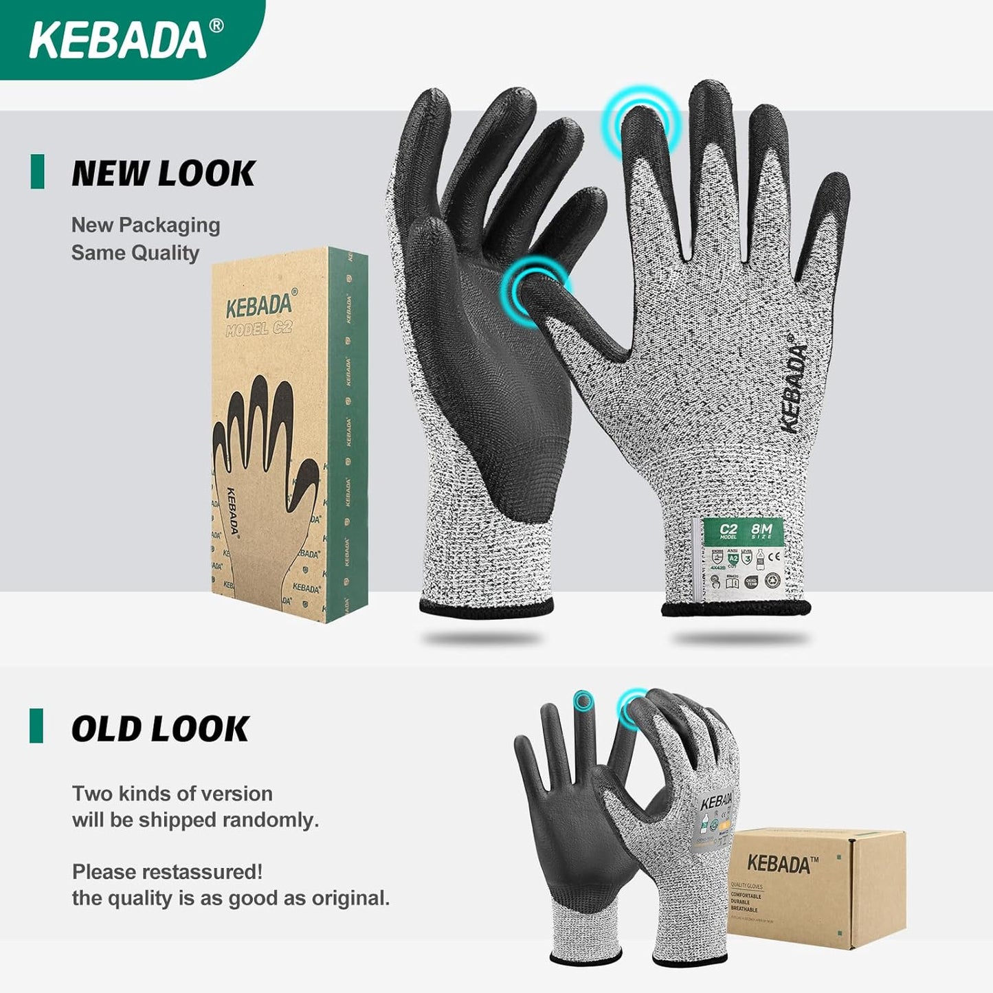 Kebada Cut Resistant Gloves, ANSI A2 Cutting Glove, PU Coated, Touchscreen, Multi-Purpose Model C2, 3 Pairs, Large