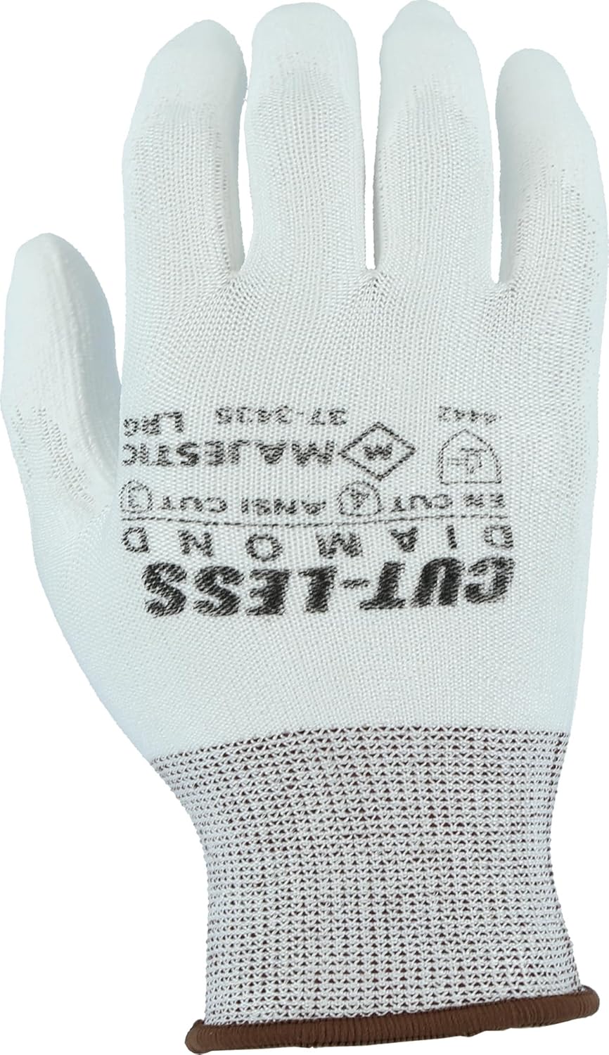 Majestic Cut-Less Dyneema Glove with Polyurethane Palm | 1 Pair - LG | 13 Gauge Liner, ANSI A3, Lightweight Comfort, Breathable, White/White | for Automotive, Industrial, Manufacturing | 37-3435