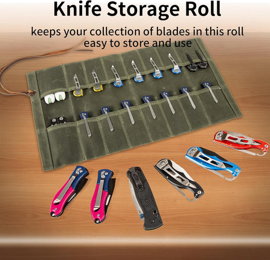 pocket knife storage, Knife Display Bag, with 16 Slots Pocket Knives Folding Knife Holder Organizer, pocket knife roll Collection Protector Bag, Tactical Outdoor for EDC Mini Knife Bags(Khaki)