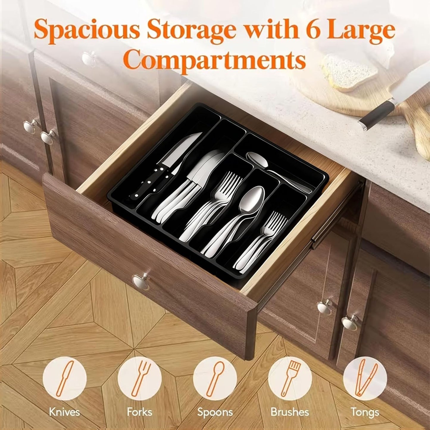 Silverware Organizer with Lid, Covered Utensil Tray for Kitchen Drawer and Countertop, Plastic Cutlery and Flatware Storage Box for Spoons Forks Knives Holder Case, 6 Compartments, Black