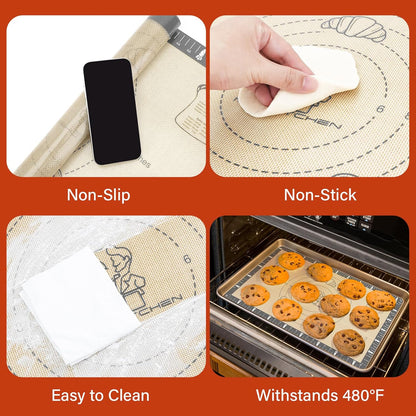 Extra Thick Silicone Baking Mat with Recipes - 26x16 inch Non Stick Pastry Mat with Measurements for Sourdough, Macarons, Bread, Pizza, Dough Rolling, Kneading, Heat Resistant to 480°F Gift for Baker