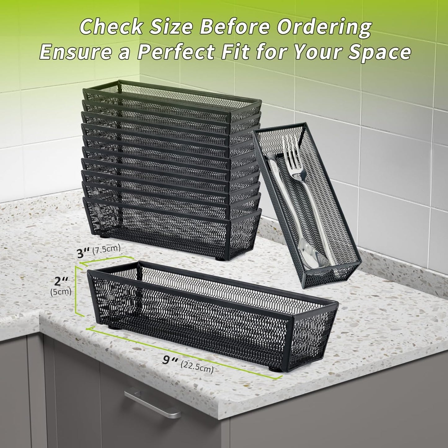 Neudeco Silverware Organizer,Mesh Drawer Organizer for Kitchen，Metal Utensil Organizer for Flatware, Knives, Spoons,Cosmetic (Silver 9 * 3 * 2 inch Pack6)