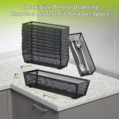 Neudeco Silverware Organizer,Mesh Drawer Organizer for Kitchen，Metal Utensil Organizer for Flatware, Knives, Spoons,Cosmetic (Silver 9 * 3 * 2 inch Pack6)