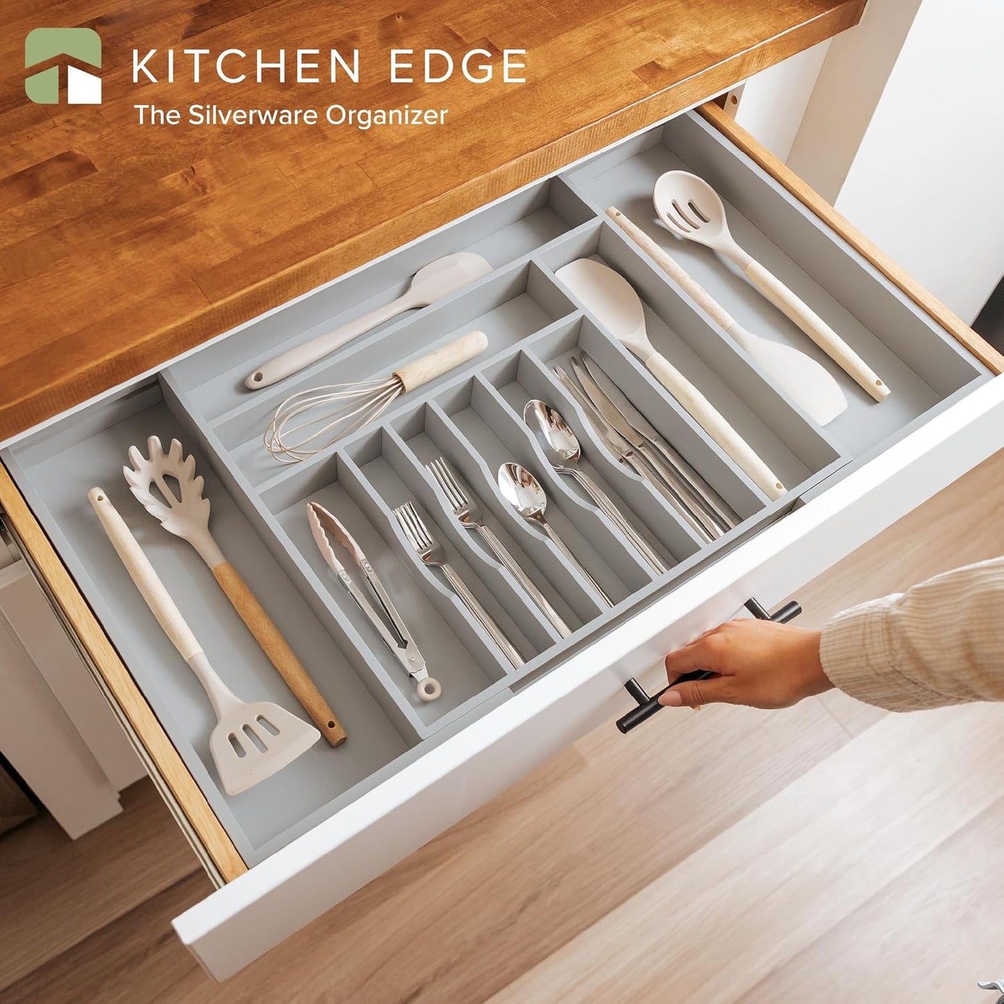 KitchenEdge Premium Silverware, Flatware and Utensil Organizer for Kitchen Drawers, Food-Safe Contract Grade, Expandable from 18 to 33 In, Natural Bamboo