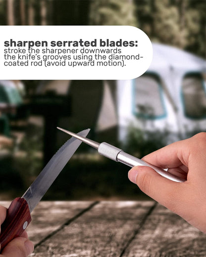Wamery Serrated Knife Sharpener 2 Pack - Retractable Diamond Rod Pocket Sharpener for Serrated & Straight Blades - Multifunctional Sharpening Tool for Outdoor Kitchen Fishing Hunting (Silver & Black)