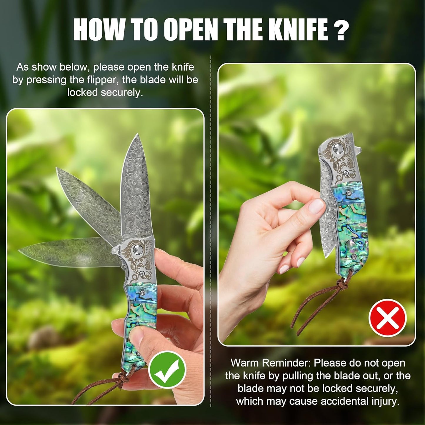 Damascus Pocket Knife with Sheath,3.54" Sharp Damascus Steel Blade Abalone Seashells Handle EDC Pocket Knives & Folding Knives for Outdoor Camping, Ideal Gifts for Men Women