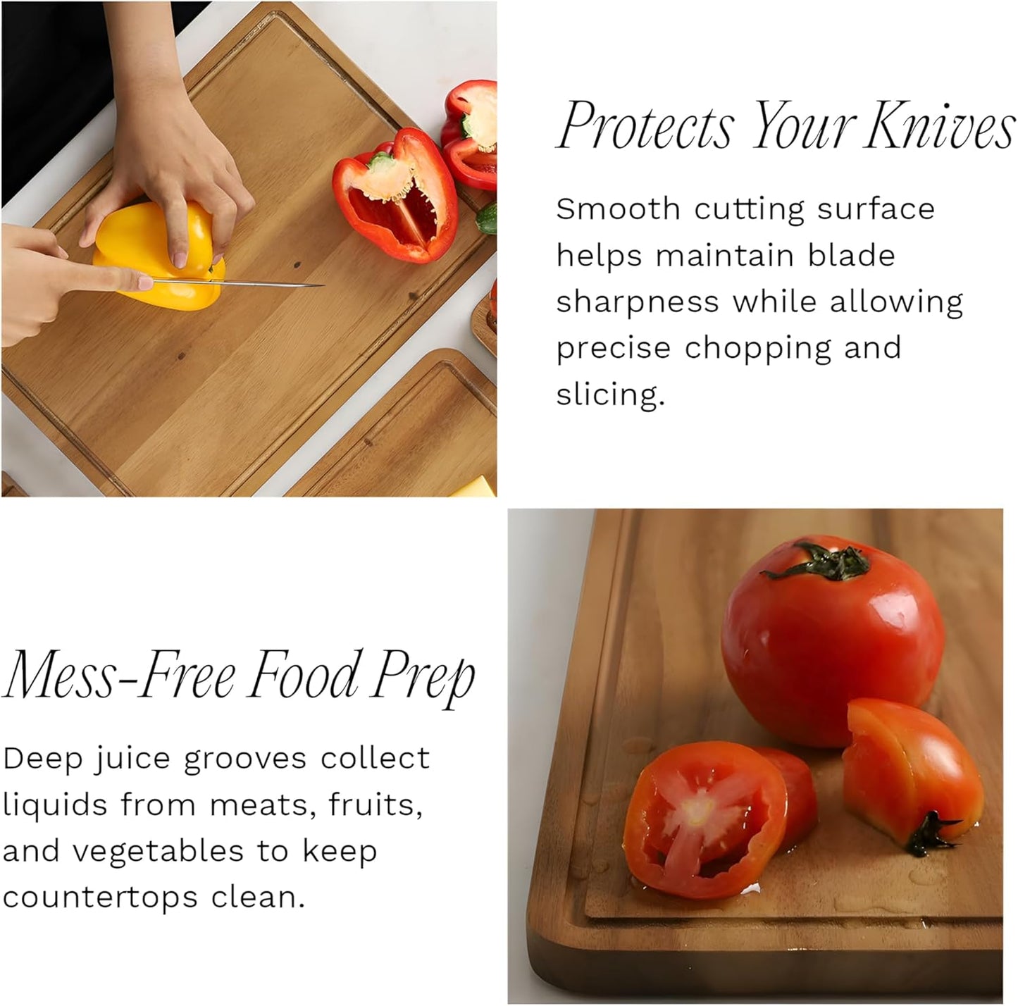 Sango Acacia Cutting Board Set with Juice Grooves and Partitions for Serving, 3-Piece- Wood Chopping Boards, Stackable & Reversible for Kitchen, Non-Toxic, Perfect as Butcher Block Countertop, Atelier