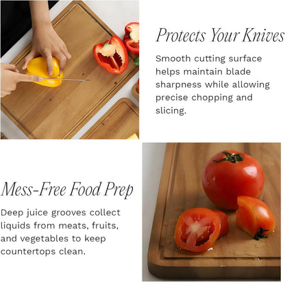 Sango Acacia Cutting Board Set with Juice Grooves and Partitions for Serving, 3-Piece- Wood Chopping Boards, Stackable & Reversible for Kitchen, Non-Toxic, Perfect as Butcher Block Countertop, Atelier