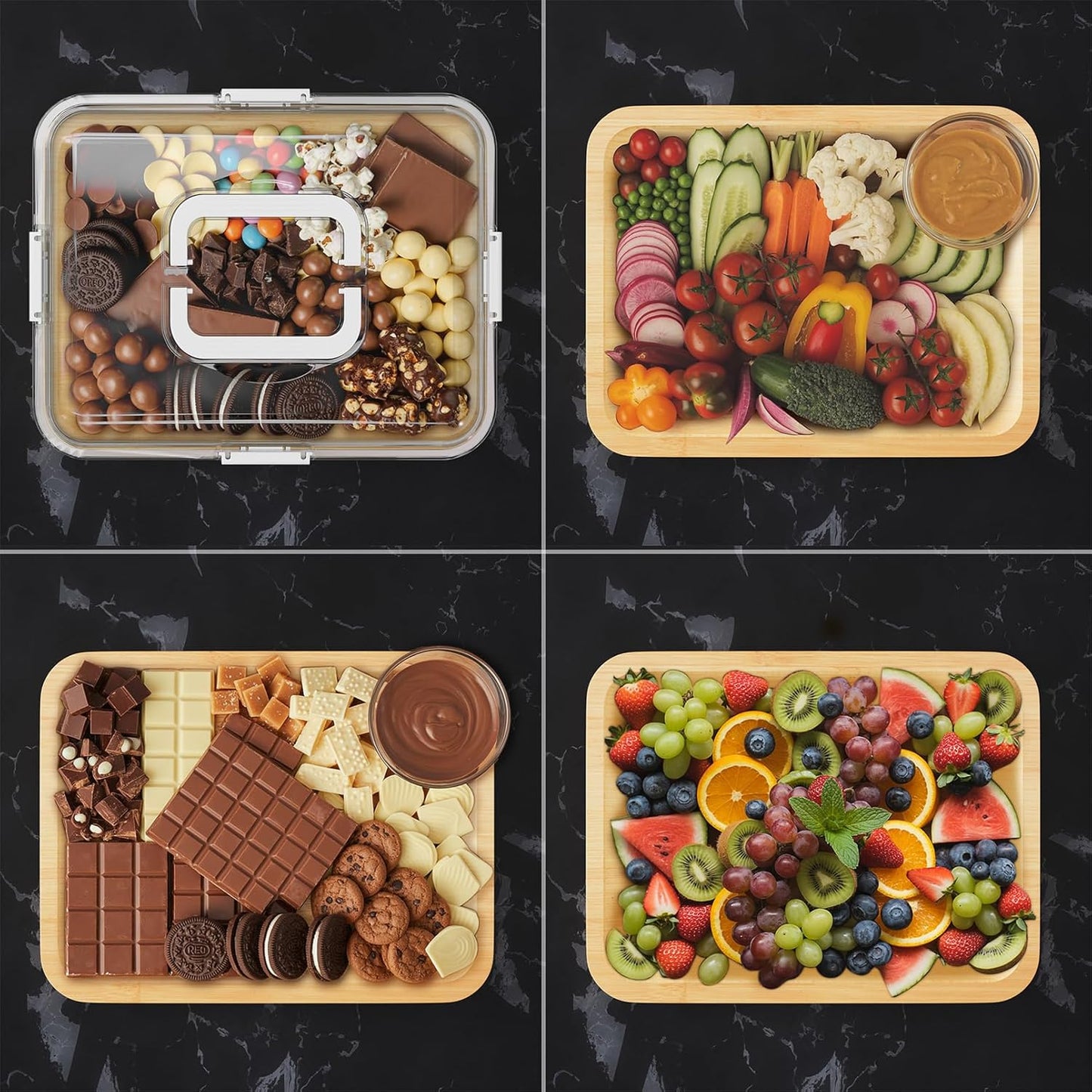 SpaceAid Charcuterie Board with Clear Lid, Portable Travel Cheese Cutting Boards for Picnic Accessories, Bamboo Serving Tray with Lids, House Warming Gifts, Black Handles, 8 Compartments