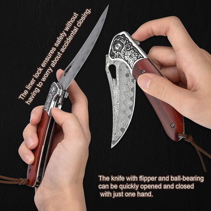KOMWERO Damascus Pocket Knife for Men, VG10 Core Damascus Steel Folding Knife with Wood Handle, Ball Bearing, Thumb Hole, Liner Lock, Sheath for EDC Outdoor Survival Hunting