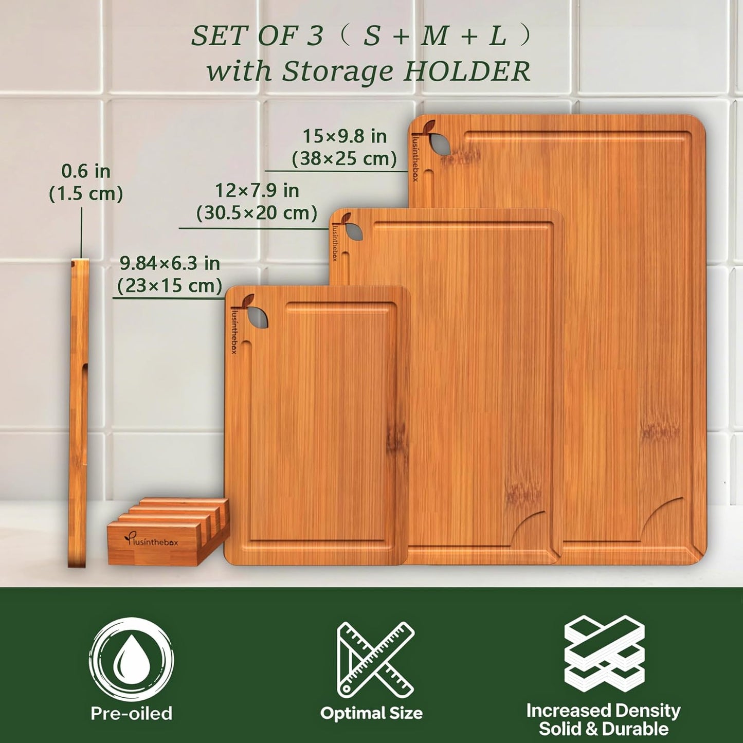 Cutting Boards for Kitchen, Bamboo Cutting Board Set of 3 with Storage Stand, Deep Carbonized Chopping Boards with Deep Juice Grooves and Side Handles for Meat, Vegetables, Fruit and Meal Prep