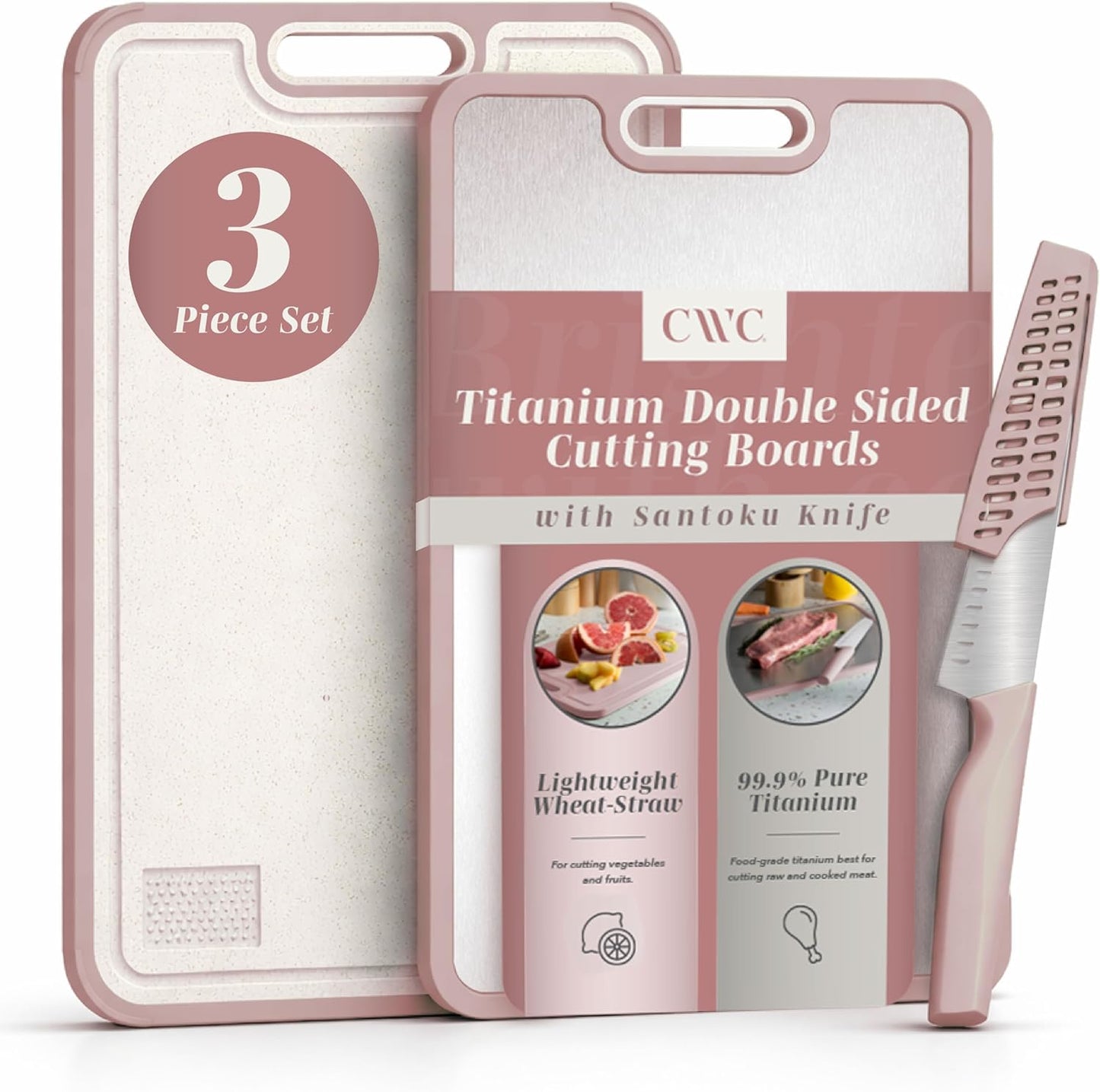 COOK WITH COLOR Titanium Cutting Board for Kitchen, 3 Pc Cutting Board Set with Knife, Double Sided Food Grade, Pure Titanium, Easy to Clean