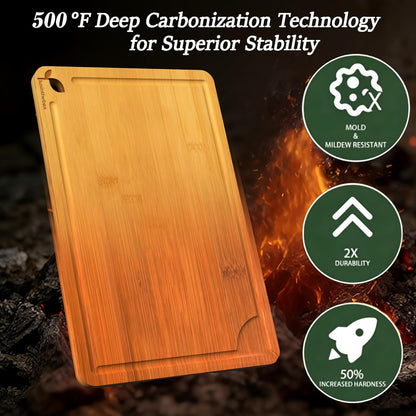 Cutting Boards for Kitchen, Bamboo Cutting Board Set of 3 with Storage Stand, Deep Carbonized Chopping Boards with Deep Juice Grooves and Side Handles for Meat, Vegetables, Fruit and Meal Prep
