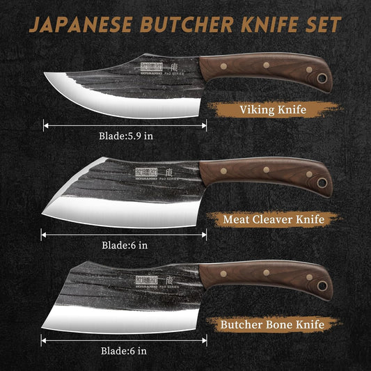 HOSHANHO Butcher Knife Set 3-Piece, Super Sharp Hand Forged Fillet Knife & Dividing Knives & Paring Knives Set, Upgraded High Carbon Stainless Steel Meat Cutting for Home, Outdoor