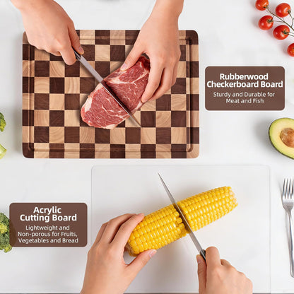 Checkered Cutting Board for Kitchen - Solid Wood End Grain Checkerboard Chopping Board with Handle & Juice Groove, Double Sided for Cooking, Serving and Decor, Rectangular 16" x 12" x 1"