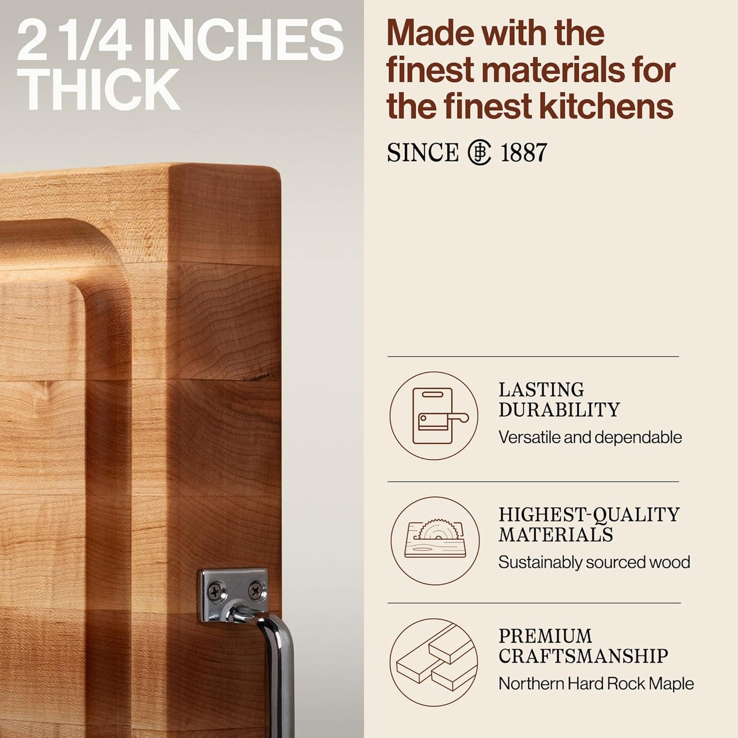 John Boos Handle Boards Series Rectangular Wooden Maple Cutting Board 24”x18” – 2.25” Thick, 30-lb Reversible Butcher Block with Juice Groove, Edge-Grain & Metal Handles