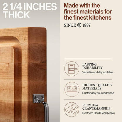 John Boos Handle Boards Series Rectangular Wooden Maple Cutting Board 24”x18” – 2.25” Thick, 30-lb Reversible Butcher Block with Juice Groove, Edge-Grain & Metal Handles