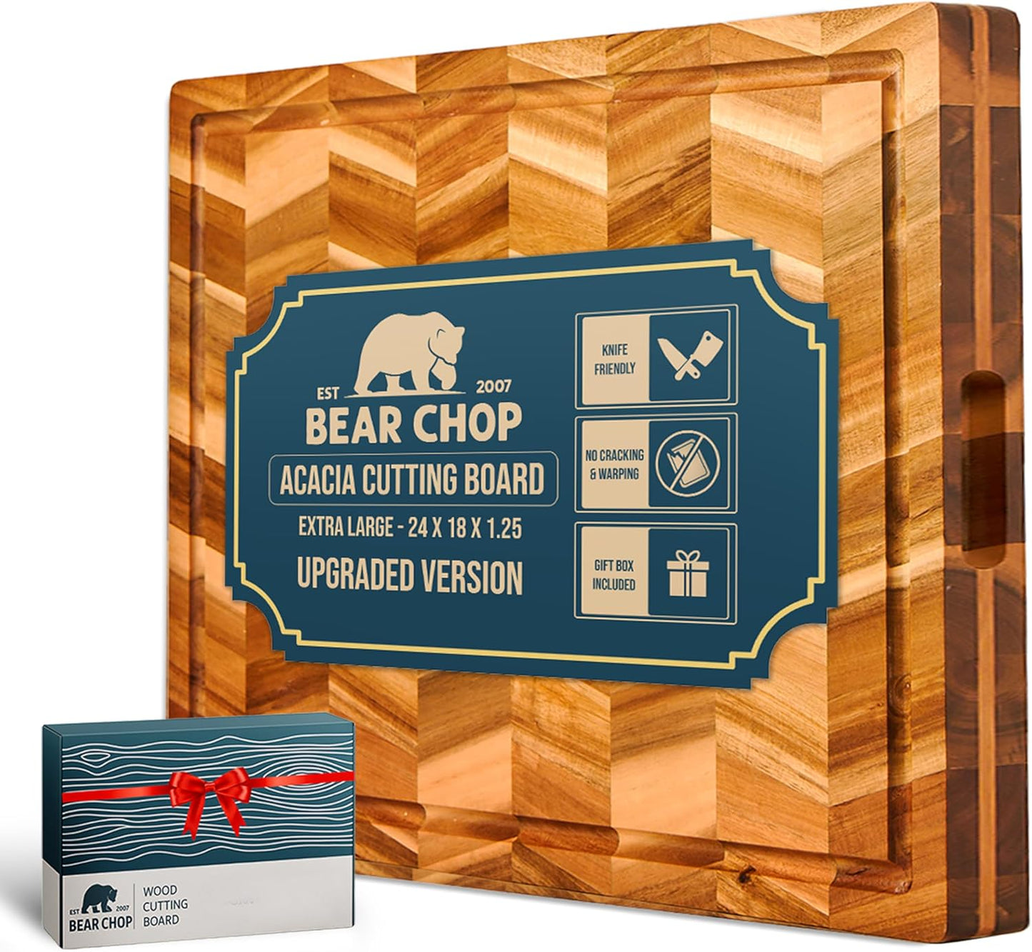 Bearchop Square Acacia Wood Cutting Board for Kitchen with 4-Side Reinforced Bar for Anti Crack/Warp, [14"x14"x1.25"] End Grain Cutting Board, Wooden Butcher Block with Gift Box