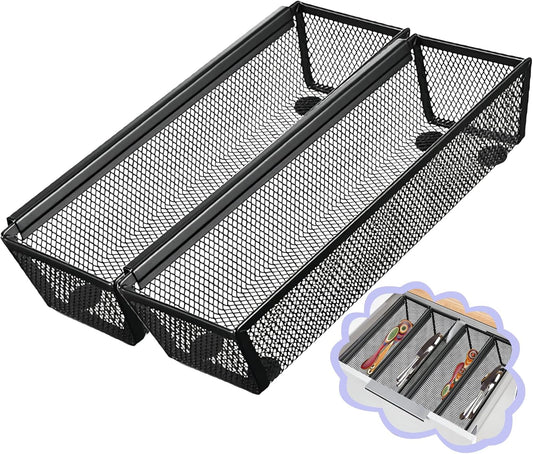 2PCS Drawer Organizer for Kitchen,Utensil Mesh Drawer Organizer with Interlocking Arm for Cosmetic,Flatware,Pen (12 * 3 * 2 Inches,Grey)