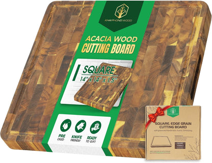 End Grain Acacia Wood Cutting Boards for Kitchen, 1.5 in Thick Butcher Block Construction for Stability, 15 x 10 in Medium Cutting Boards with Gift Box, Juice Groove and Handle