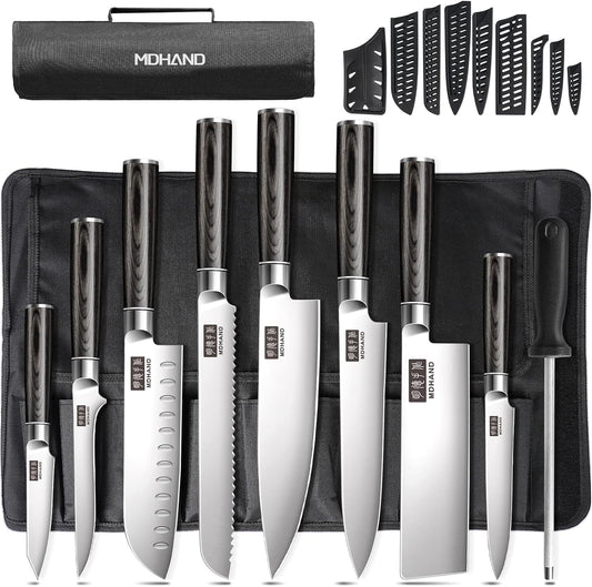 MDHAND Chef Knife Set with Roll Bag, 10PCS Professional Knife Set with Sharpener, High Carbon Stainless Steel Japanese Kitchen Knives - Black Pakkawood Handle, Dishwasher Safe, For Cooking, Chef Gifts
