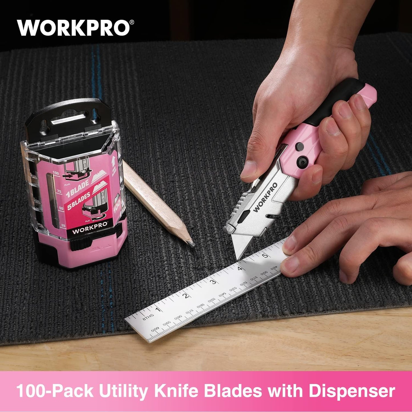 WORKPRO Utility Knife Blades, 100-Pack Utility Blades Replacement with Dispenser, SK5 Carbon Steel, Red