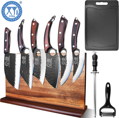 XYJ Authentic Since 1986,Knife Block Set,Kitchen Knife Set with Magnetic Knife Block,Cutting Board,Sharpening Stick,Meat Cleaver Slicing Knives,High Carbon Steel Blades,Full Tang,Wood Handle