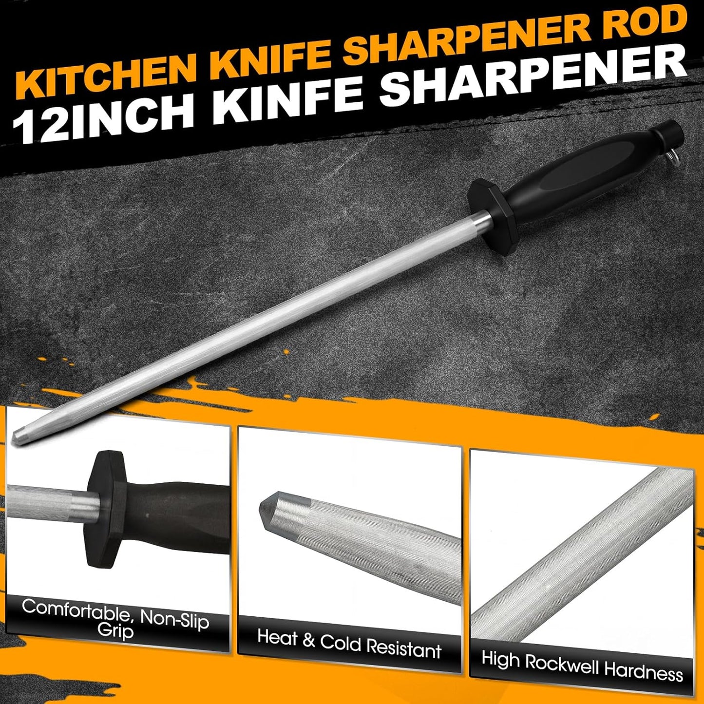 2 Pack Carbon Steel Honing Rod Set, 12 Inch Knife Sharpening Rods – Professional Sharpening Steel with Nickel-chrome Plating, Non-slip Handle for Kitchen & Chef Knives