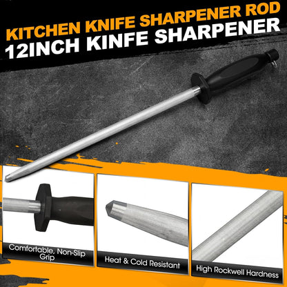 2 Pack Carbon Steel Honing Rod Set, 12 Inch Knife Sharpening Rods – Professional Sharpening Steel with Nickel-chrome Plating, Non-slip Handle for Kitchen & Chef Knives