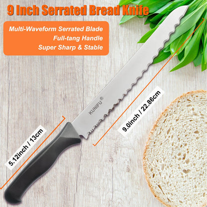 KUNIFU Bread Knife 9 Inch, Serrated Bread Slicing Knife with 5 Serration Types, Ultra Sharp High-Carbon Stainless Steel, Full Tang, Ergonomic Non-Slip Handle for Bread, Bagels, Cakes & Pastries