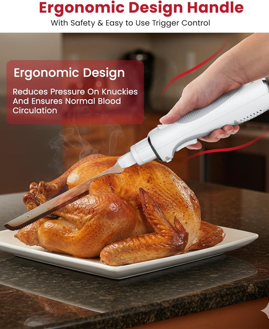 New Upgrade Cordless Electric Knife, Serrated Blade Knife for Turkey, Meat Slicing, Fillet, Bread, Ergonomic Design Cutting Knifes with Comfortable Contoured Grip, USB-C Rechargeable, Easy-Slice,White