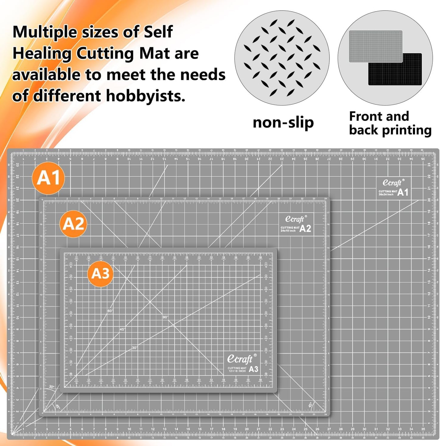 Ecraft Self Healing Cutting Mat 18x12 Inch A3, 5-Ply Double Sided Rotary Cutting Board with Grid, Grey/Black for Sewing, Quilting, Fabric & Craft Projects