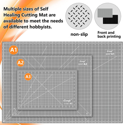 Ecraft Self Healing Cutting Mat 18x12 Inch A3, 5-Ply Double Sided Rotary Cutting Board with Grid, Grey/Black for Sewing, Quilting, Fabric & Craft Projects