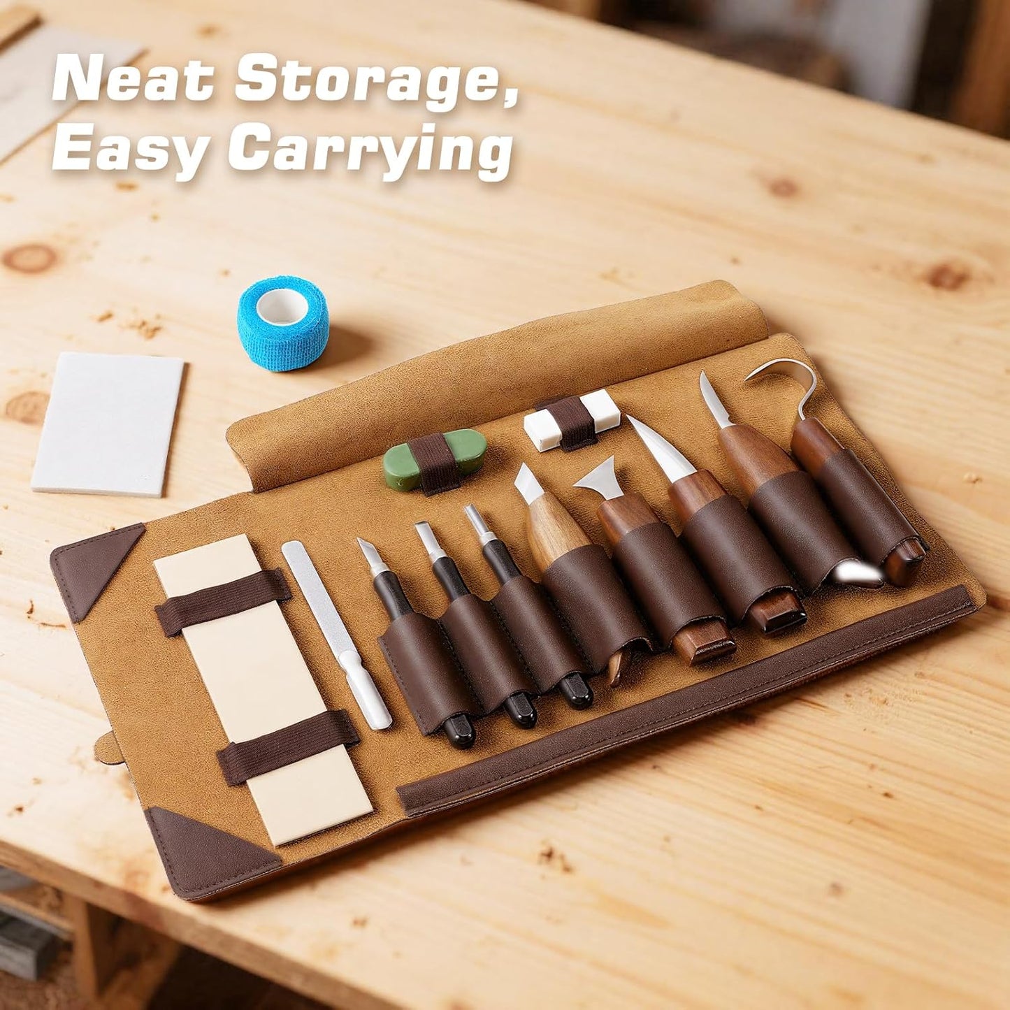 Housolution Wood Carving Kit with Leather Case, 24PCS Wood Carving Tools Whittling Kit Includes Carving Knives Carving Chisels Basswood Blocks Spoon Gloves, Woodworking Tools for Beginners DIY Hobbies