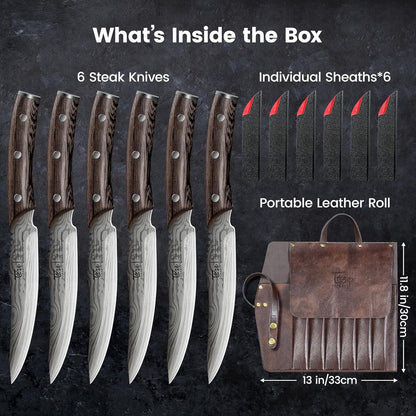 SYOKAMI Steak Knives Set of 8, 4.8 Inch Carbon Steel Japanese Style Non Serrated Dinner knives with Wooden Handle, Damascus Pattern Full Tang Design, Housewarming Holiday Cooking Gifts