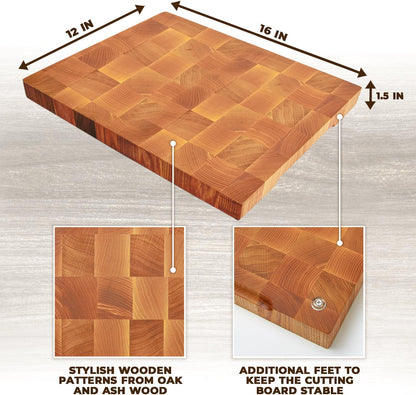 Wooden Cutting Board for Kitchen (16 x 12 In Oak Wood) – Premium Kitchen Chopping Board for Meat Cheese and Vegetables [1.5 in Thick] – Butcher Block Kitchen Essentials for Cooking - End Grain Board