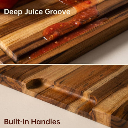 THETCHRY Teak Wood Cutting Boards for Kitchen, Wooden Cutting Board with Handles, Wooden Chopping Board with Juice Groove, Charcuterie Butcher Block for Meal Prep & Serving, 12.9" x 9.8"