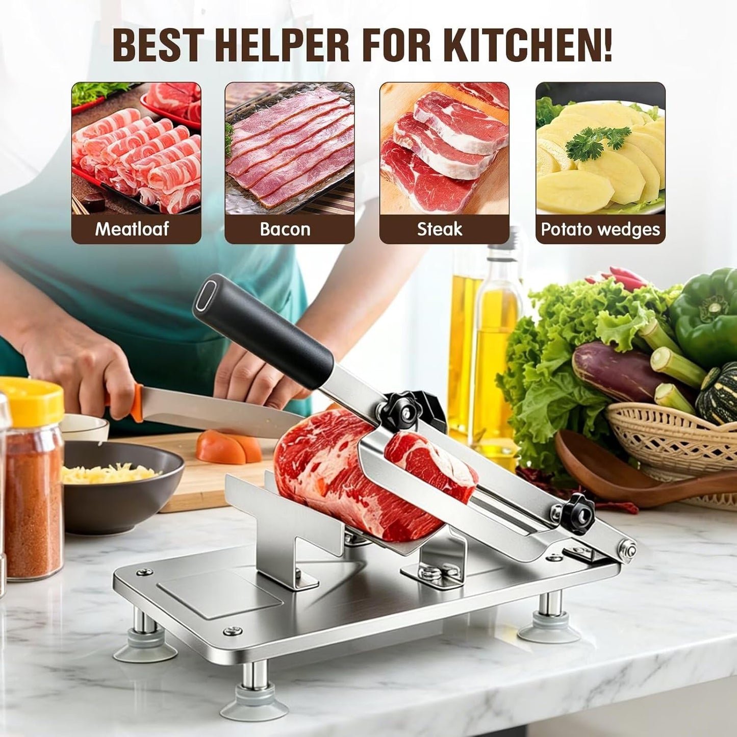 Manual Meat Slicer Frozen Meat Cutter Upgraded Stainless Steel Meat Cleavers Beef Mutton Roll Slicing Machine Vegetable Meat Slicer for Home Cooking Hotpot Shabu WG(Silver,17"x7")
