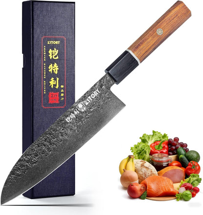 Kitory 7'' Santoku Knife, Black Stonewashed High-Carbon Steel Japanese Kitchen Knife, Hand Forged Ultra Sharp Asian Chef Knife with Ergonomic Wood Handle and Gift Box