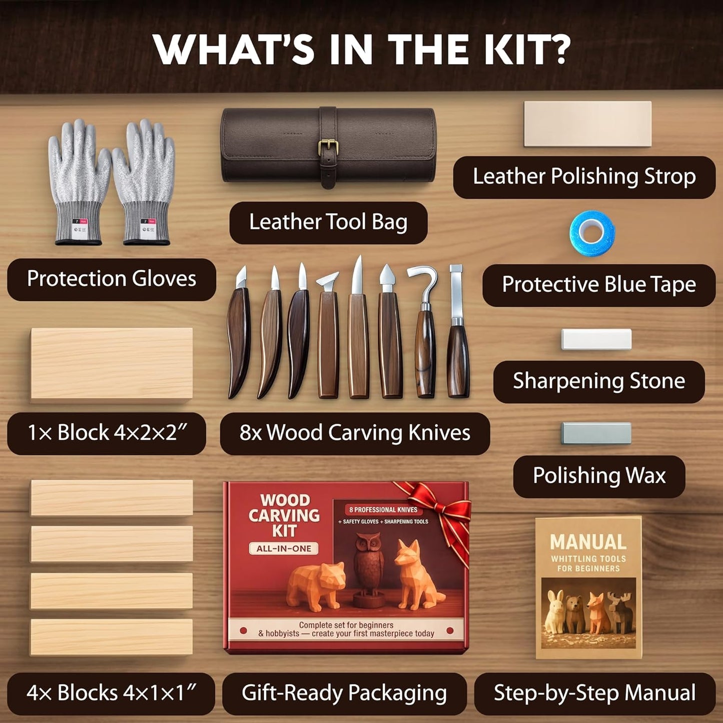 Complete Wood Carving Kit for Beginners - Gift Ready Wood Carving Tools Set | Whittling Kit with 8 Wood Carving Knives, Spoon Carving Tools, Wood Blocks, Gloves, Roll Bag and Sharpening Strop