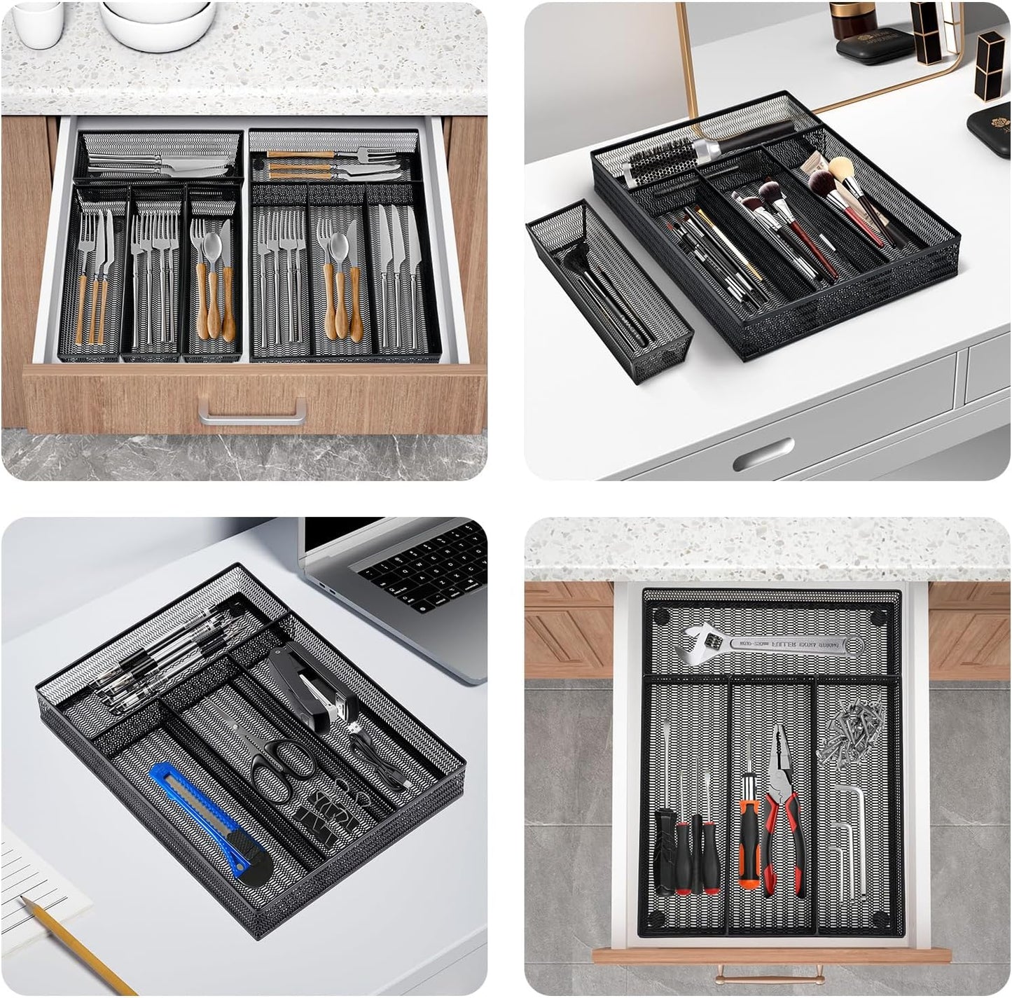 Neudeco Silverware Organizer,Mesh Drawer Organizer for Kitchen，Metal Utensil Organizer for Flatware, Knives, Spoons,Cosmetic (Silver 9 * 3 * 2 inch Pack6)