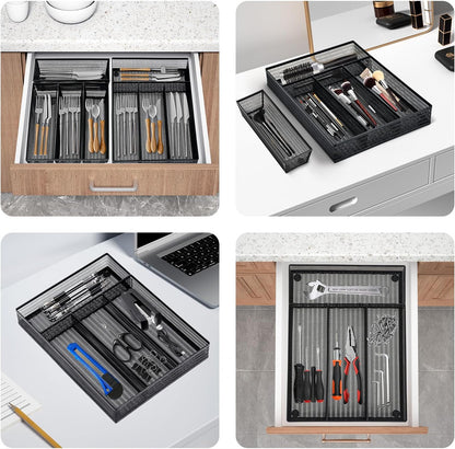 Neudeco Silverware Organizer,Mesh Drawer Organizer for Kitchen，Metal Utensil Organizer for Flatware, Knives, Spoons,Cosmetic (Silver 9 * 3 * 2 inch Pack6)