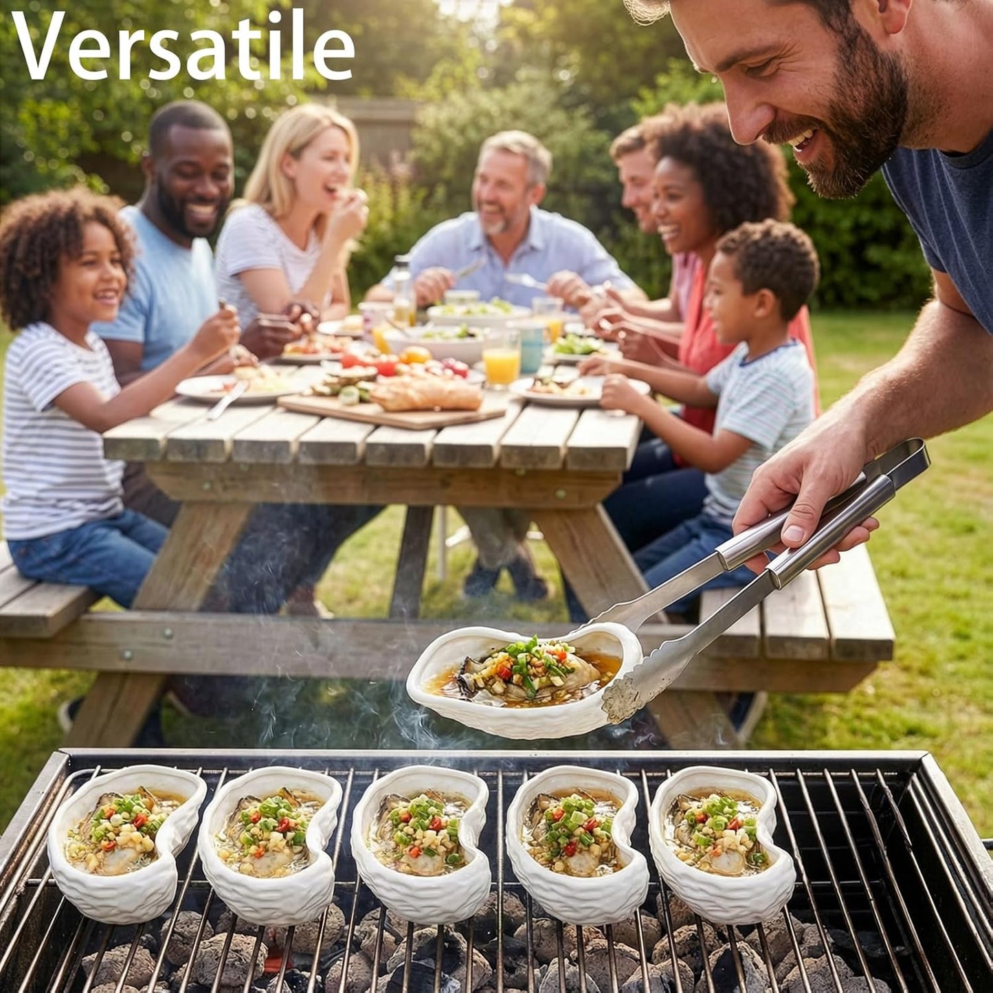 Fasmov 6 Pcs Ceramic Oyster Shells, Reusable Oyster Grilling Shells, Large Clam Baking Dish Platter Plate for Cooking Shrimp, Scallops, Clams & All Kinds of Seafood