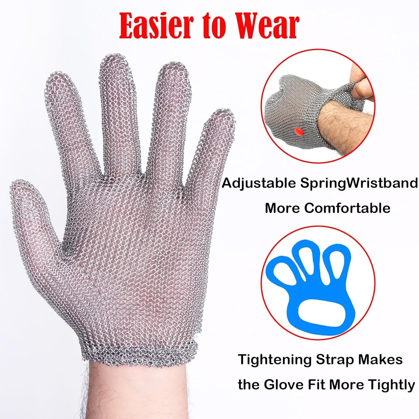 Chainmail Glove for Cutting Meat,Upgrade Spring Wristband,Highest Level Cut Resistant ,Food Grade,Stainless Steel Metal Mesh Gloves,Safety Work Cut Proof Glove for Chef/Butcher Gloves Oyster(M)