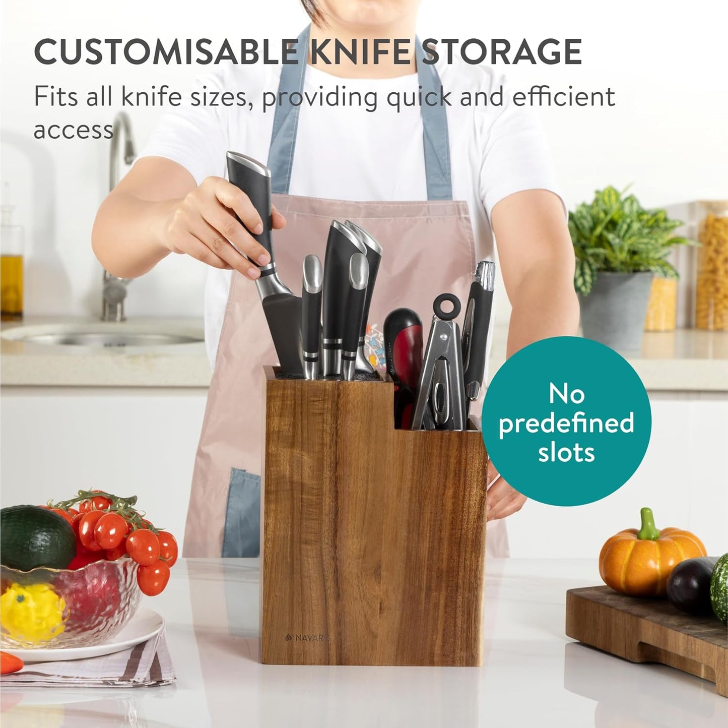Navaris Bamboo Kitchen Knife Block - Magnetic Rotating Bristle Knife Holder - Universal Knife Block Storage Stand with Bristles - 9.8" x 4.9" x 4.9"