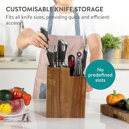Navaris Bamboo Kitchen Knife Block - Magnetic Rotating Bristle Knife Holder - Universal Knife Block Storage Stand with Bristles - 9.8" x 4.9" x 4.9"