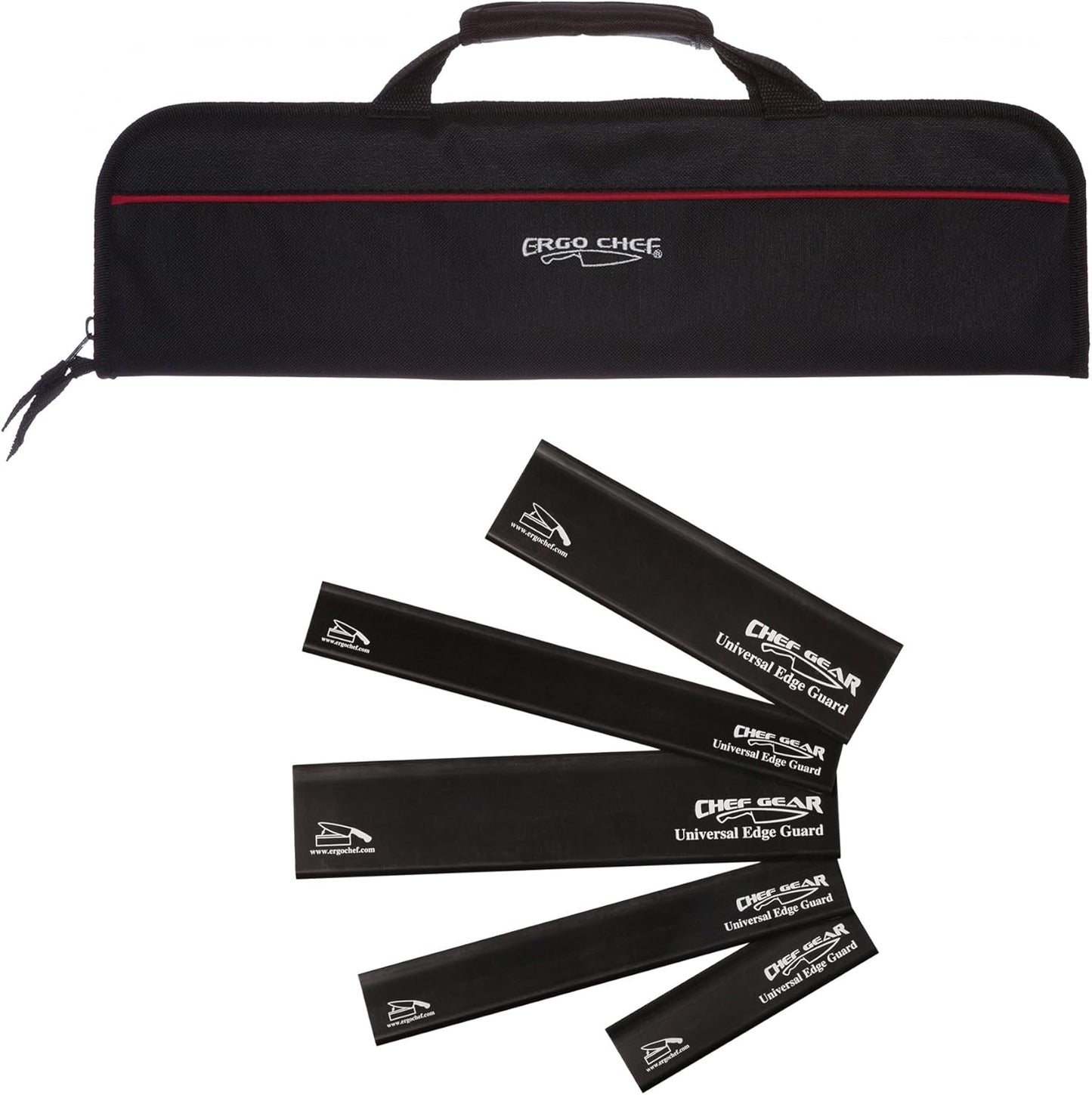 Ergo Chef 5 Pocket Knife Roll Bag Bi-Fold (Black) w/ 5pc. (Black) Knife Edge Guards, Great for the Busy Chef