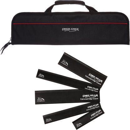 Ergo Chef 5 Pocket Knife Roll Bag Bi-Fold (Black) w/ 5pc. (Black) Knife Edge Guards, Great for the Busy Chef