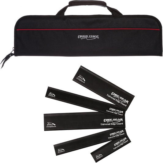 Ergo Chef 5 Pocket Knife Roll Bag Bi-Fold (Black) w/ 5pc. (Black) Knife Edge Guards, Great for the Busy Chef